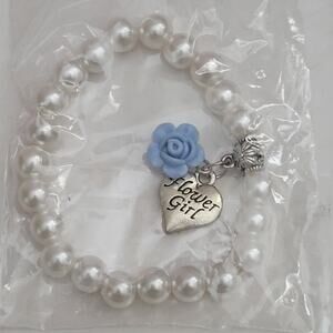 Flower Girl Pearl Bracelets with Blue Roses